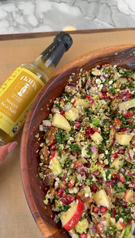 Shaved Brussels Sprouts Fall Salad with Apple, Bacon, & Candied Pecans