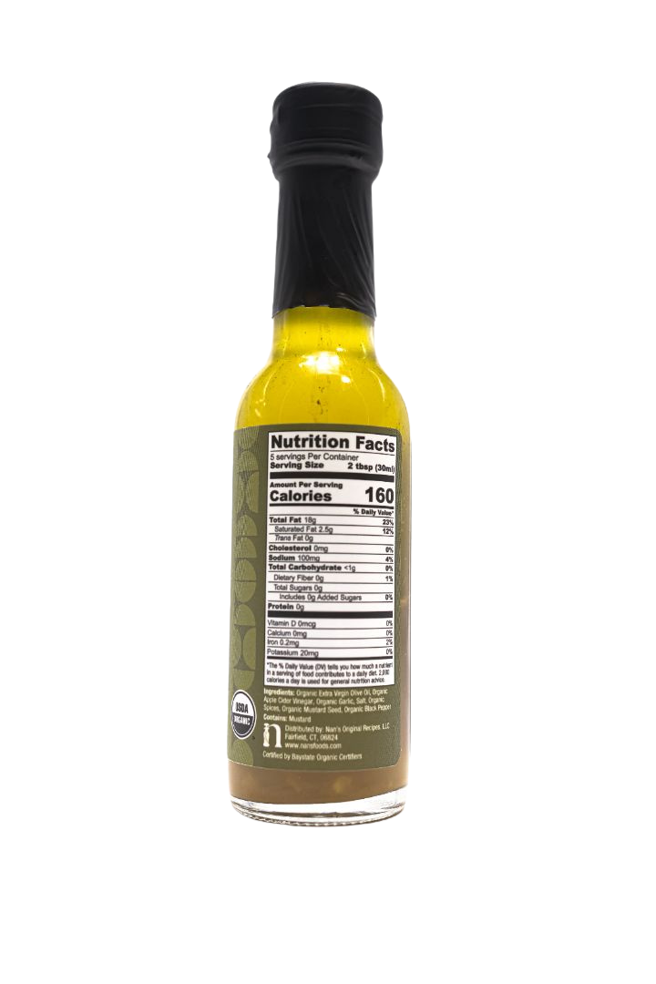 mini bottle of Nan's lala garlic vinaigrette mini 5 oz bottle on a white background label is featuring the nutrition facts.