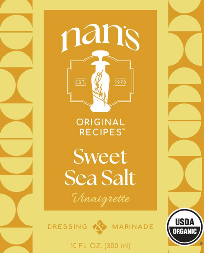 Nan's Sweet Sea Salt Vinaigrette packaging with a gold background and USDA Organic label.