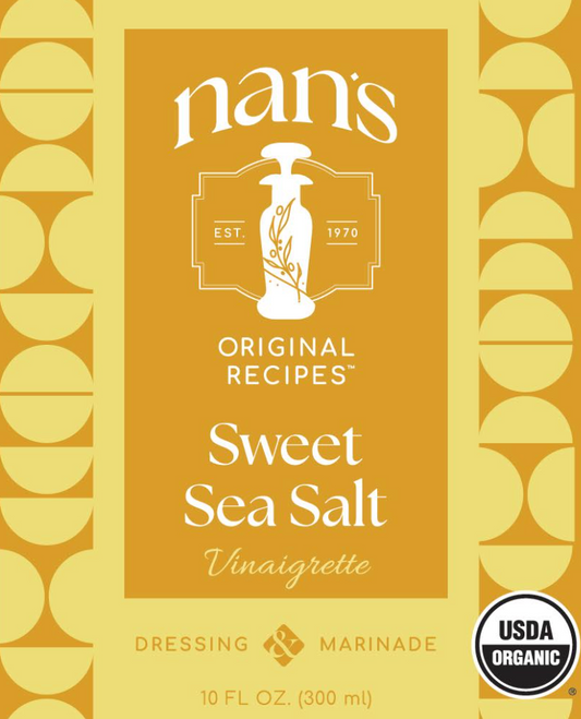 Nan's Sweet Sea Salt Vinaigrette packaging with a gold background and USDA Organic label.